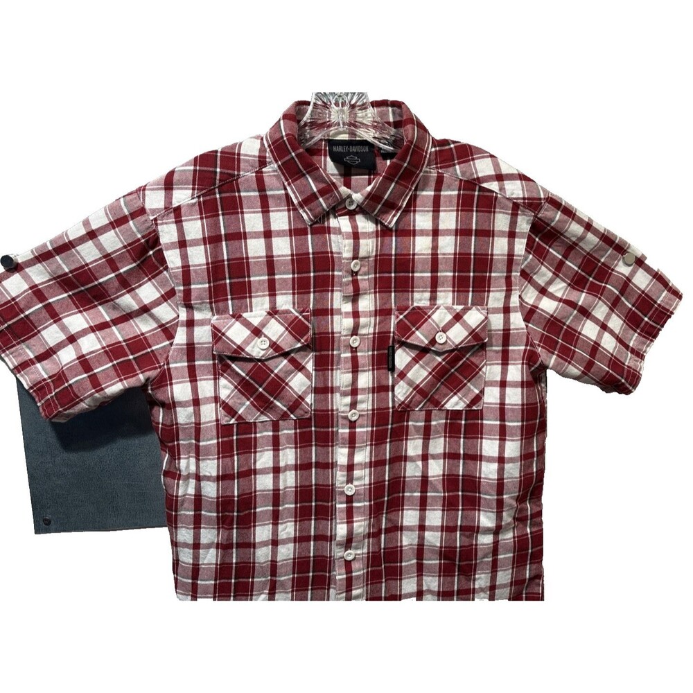 Harley-Davidson Flannel Red White Plaid Black Label Button Up Flap Pockets Reg M